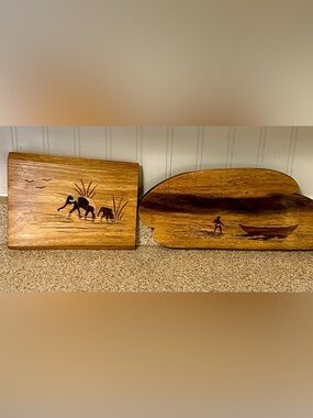 Vintage Carved Wood Wall Art Plaques 
Set of 2 Rustic Lodge Cabin Decor